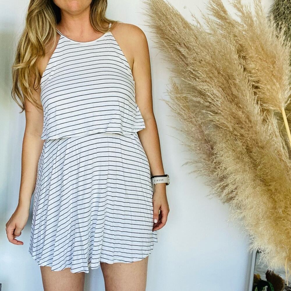 UO URBAN White Black Striped Tie Tank Top Ruffle Swing Mini Open Back Dress S